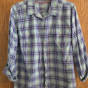 St. John's Bay Women's Green and Blue Plaid Button Down Shirt